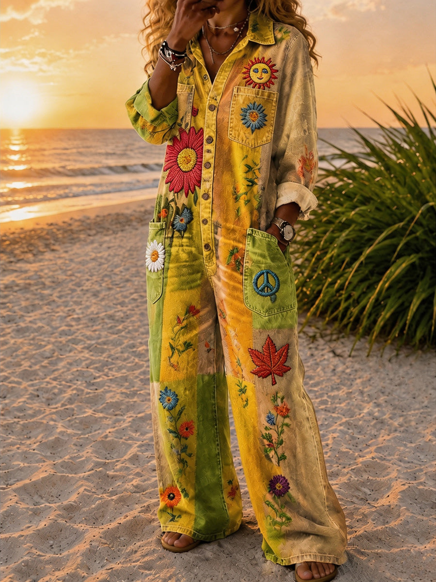 Women's Retro Style Art Print Washed V-Neck Cotton Denim Patchwork Jumpsuit